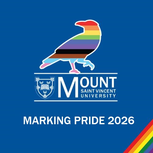 In the centre, a rainbow-striped bird outline above the Mount Saint Vincent University logo. Below the logo is white text reading “MARKING PRIDE 2026” with a curved rainbow accent in the bottom corner on a blue background