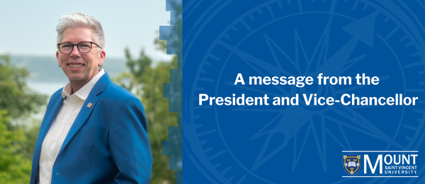 Dr. Joël Dickinson pictured standing outdoors at left with the text “A message from the President and Vice-Chancellor” and the MSVU logo displayed in white over a blue compass graphic at right