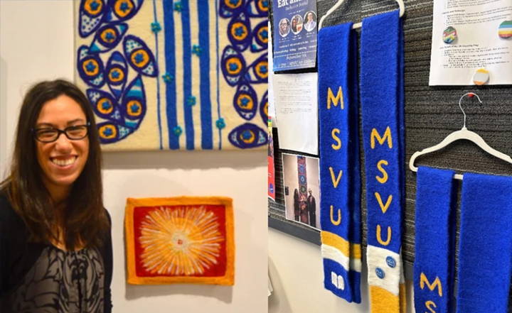 Two photos: One of Mountability student Megan Pegg, and the other of the felt stole she created.